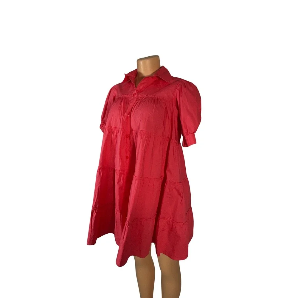 Peixoto Tiered Babydoll Dress Kids Large‎ Pink New Puff Sleeve Button Front